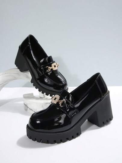 Foot Flair Women"S Metal Chain Decor Waterproof Platform Round Toe Slip-On Thick Sole High Heels (Run 1/2 Size Small), Vintage Inspired Chunky Heel Oxford Pumps, Black, British Style Office Shoes, Spring & Autumn