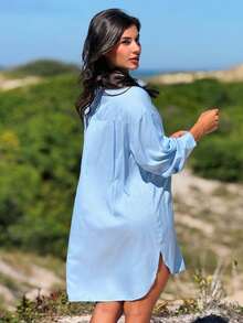 Plain Chemise Shirt Beach Cover-Up - Light Blue - View 2