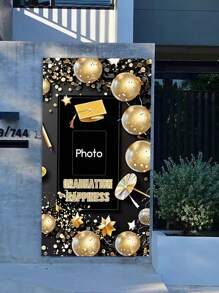 1pc Customizable Photo Backdrop, Black & Gold Graduation Season College Graduation Party Decoration For Entrance, Porch Background