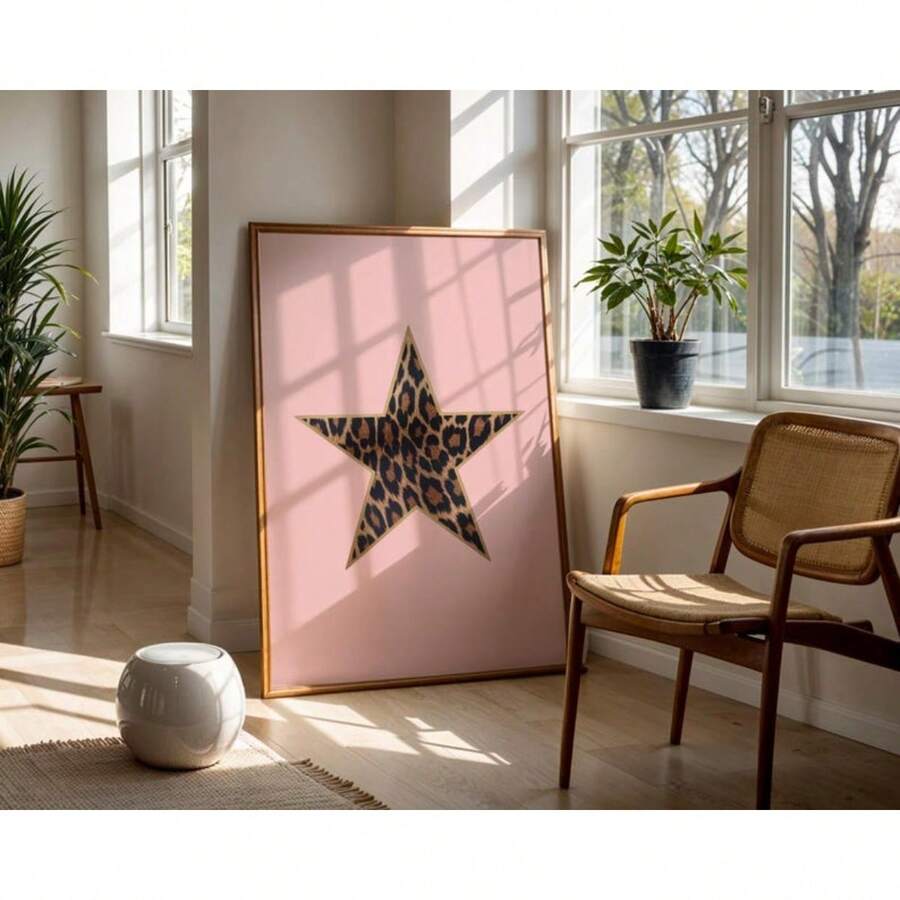 1 件豹纹星星印花复古星女孩海报帆布画家居装饰房间艺术装饰墙面艺术可选画框 - 彩色 - 查看 1