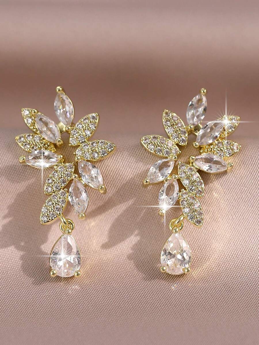 jealous young 1 cặp bông tai dự tiệc CZ sang trọng dành cho nữ với bông tai cưới bằng đá Cubic Zirconia Marqusie sáng bóng - Vàng - Xem 1