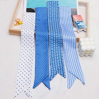 4pcs Blue Simple Long Headbands Women Summer Double-Sided Ribbon Hair Bands Scrunchy Hair Ties Decorative Head Wrap Ponytail Holder Polka Dot Polyester Winter Hair Accessories