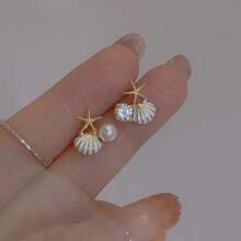Boho Shell Earrings For Women,Asymmetry Exquisite Starfish Shell Earring Crystal Pearl Earring Beach Jewelry Gift - trắng - Xem 1