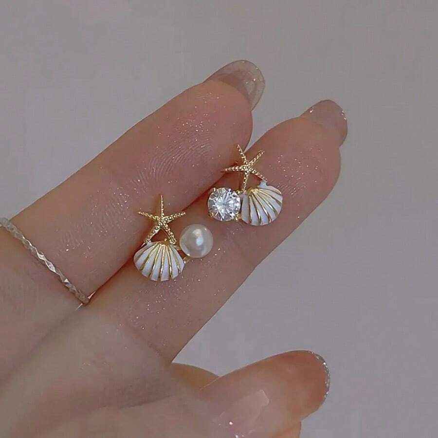 Boho Shell Earrings For Women,Asymmetry Exquisite Starfish Shell Earring Crystal Pearl Earring Beach Jewelry Gift - trắng - Xem 1