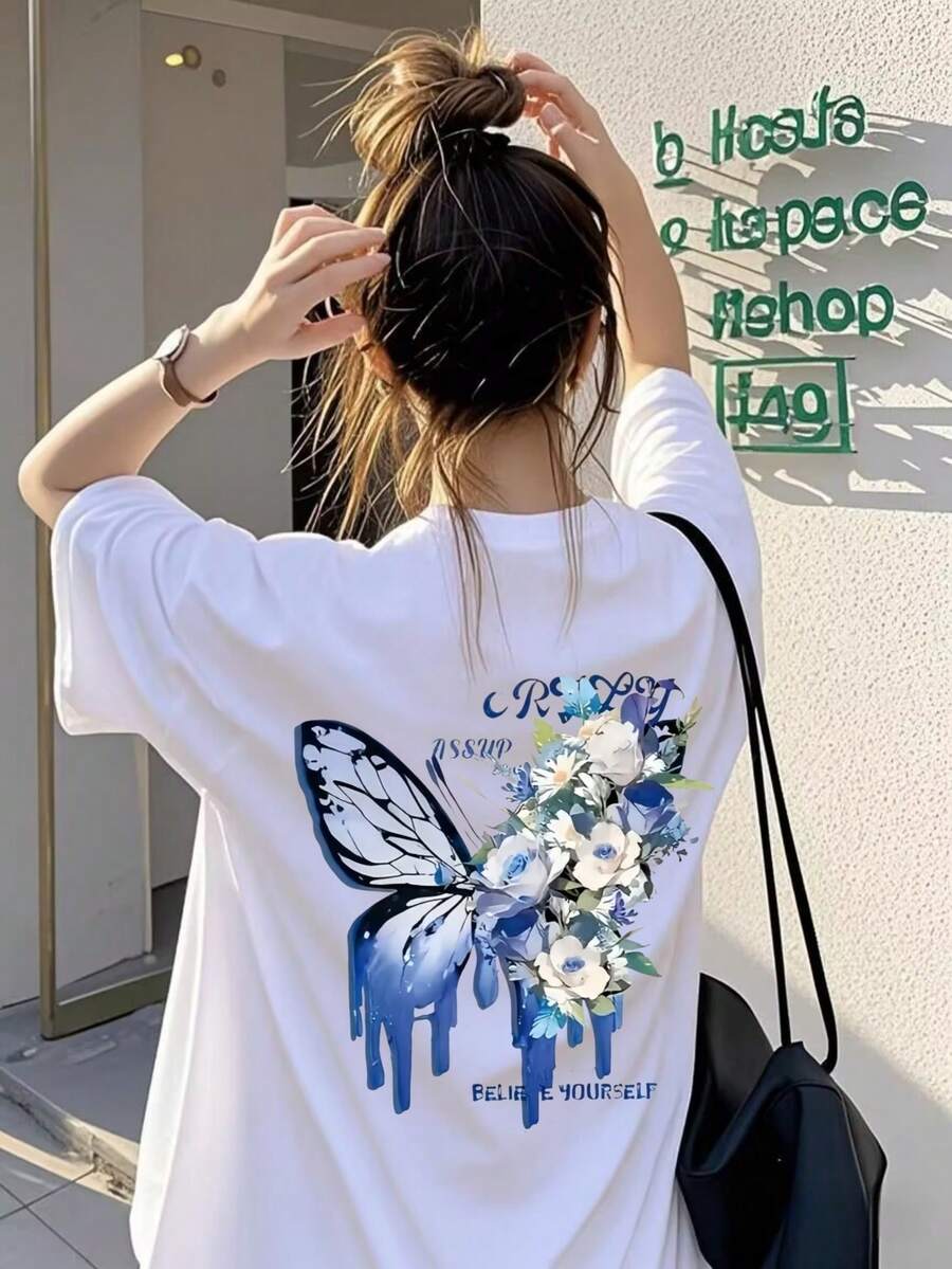 女士蝴蝶花朵图案短袖圆领休闲宽松T恤，百搭夏季上衣 白色 - 白色 - 查看 1