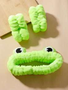 3件套卡通青蛙图案淋浴头带和腕带，绿色卡通青蛙浴室头带和腕带套装，头带和系带头带，秋季装饰洗面奶和防潮三件套，情人节礼物，返校季礼物发饰 - 綠色 - 查看 6