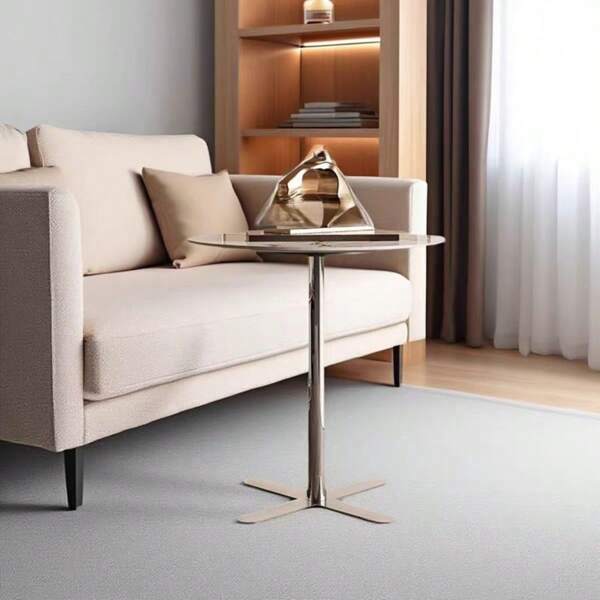 1pc Circular Rock Slab Edge Nightstand, Modern Minimalist Stainless Steel Living Room Bedroom Balcony Bedside End Table, Lightweight Luxury