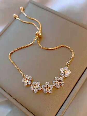 1pc Luxury Elegant Golden Flower & Star Zirconia Adjustable Bracelet, Suitable For Women's Daily Wear