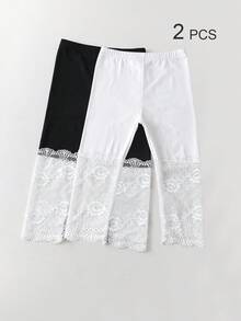 Conjunto de 4/3/2/1 Peças Leggings Capri com Renda para Meninas, Cor Sólida/Contraste, Leve, Meia-Calça Casual 3/4, Fofo & Moderno, Estilo Princesa, Adequado para Uso Diário, Meia-Calça Macia & Confortável, Adequado para Estudantes Combinarem com Tops, Saias, Temporada de Volta às Aulas - Multicolorido - Visão 83