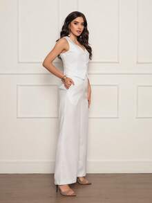Women's Tailored Set Simple Elegant Button Pocket Zipper Office - trắng - Xem 2
