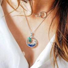 Summer Ocean Palm Tree Hollow Design Necklace & Earring Jewelry Set, Palm Tree, Sea Wave, Mother-Child Dolphin Pendant Necklace, Gift For Women, Girlfriend, Mom