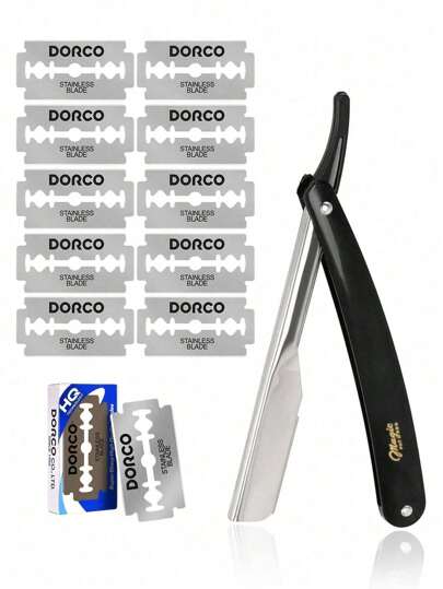 1 Rasqueta negra + 10 cuchillas; Juego de maquinilla de afeitar de filo recto plegable unisex para viajes con cuchillas de doble cara de acero inoxidable ultrafinas, adecuado para uso doméstico y de salón de belleza