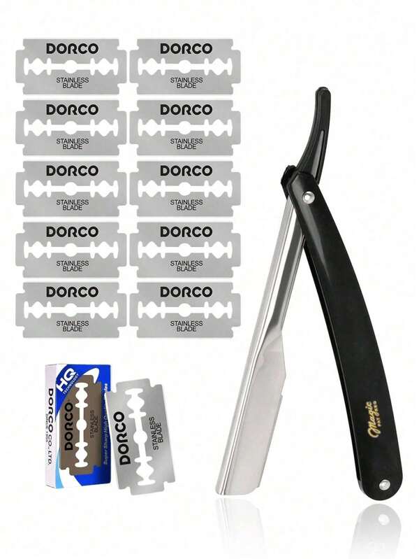 1 raspador preto + 10 lâminas; conjunto de navalha de viagem dobrável unissex com lâminas duplas de aço inoxidável ultrafinas, adequado para uso doméstico e em salões de beleza
