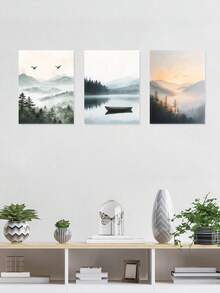3 件装迷雾森林海报、风景画、山景艺术印刷品、平静的湖泊帆布印刷墙艺、日落辉光画、飞鸟墙艺、墙艺、房间美学、海报、理想礼物、可选裱框 - 3件/套 - 查看 7