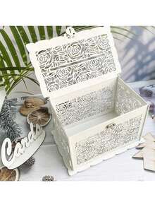 1pc Wedding Money Box Stand With Logo, Large Minimalist Wooden DIY Envelope & Card Holder With Lock Slot, Suitable For Reception Anniversary Graduation Birthday Party - White - View 1