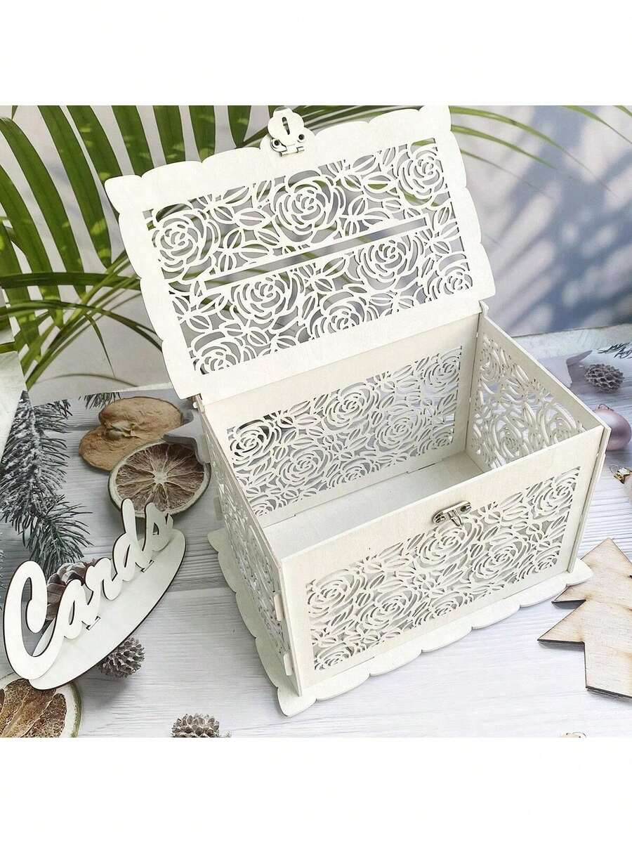 1pc Wedding Money Box Stand With Logo, Large Minimalist Wooden DIY Envelope & Card Holder With Lock Slot, Suitable For Reception Anniversary Graduation Birthday Party - White - View 1
