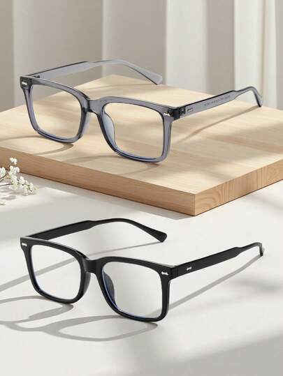 2 件男士金属装饰复古风格铆钉平光镜片眼镜，校园商务眼镜（眼镜带 + PU 皮革礼盒套装）