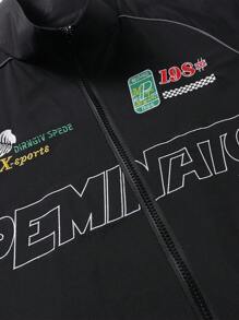 Men's Casual Letter Printed Long Sleeve Jacket, Spring & Fall Going Out Street Wear Racing Jacket Black Biker Jacket, Long Sleeve Going Out Designer Bomber Jacket, Streetwear Edition, For Friends, Husband, Boyfriend Gifts,