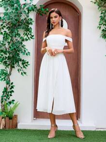 Women's Bridal Shower Dress Chiffon Drop Shoulder Slit Sexy Backless Evening Dress