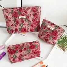 Red Rose Floral Pattern Handbag Cosmetic Pouch, Portable Sanitary Napkin Organizer Bag, Large Capacity Wallet, Zipper Storage Bag For Travel & Makeup Brushes