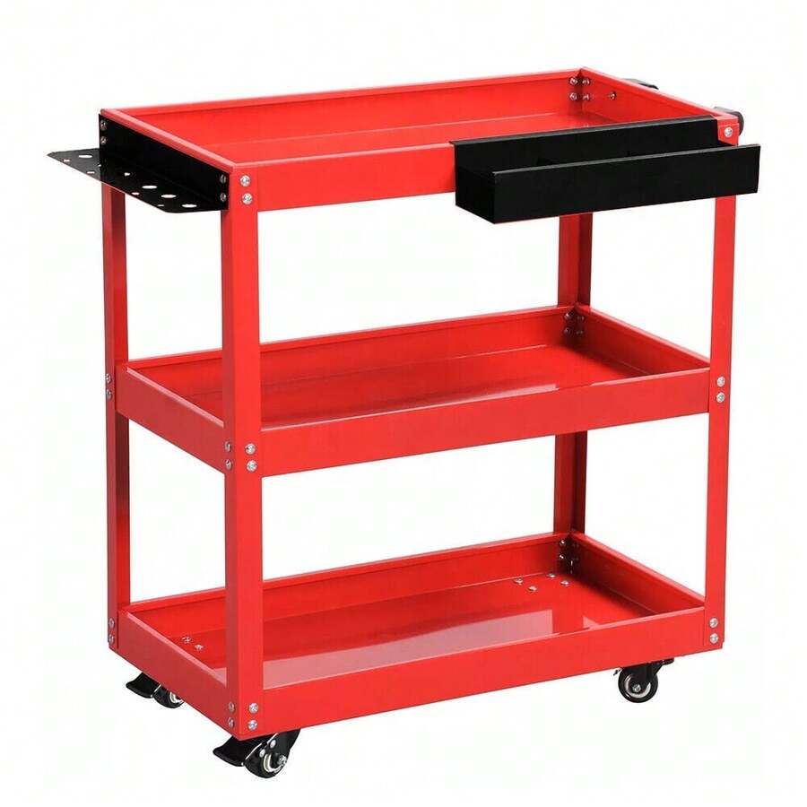 Carrito utilitario de 3 niveles con ruedas giratorias y portaherramientas laterales - Rojo + Caja de tornillos + Ranuras laterales para herramientas - Ver 1