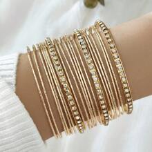 21pcs Vintage Exaggerated Crystal Encrusted Bangle Set For Women, Golden Asymmetrical Circle Bracelet Wrist Chain Multipiece