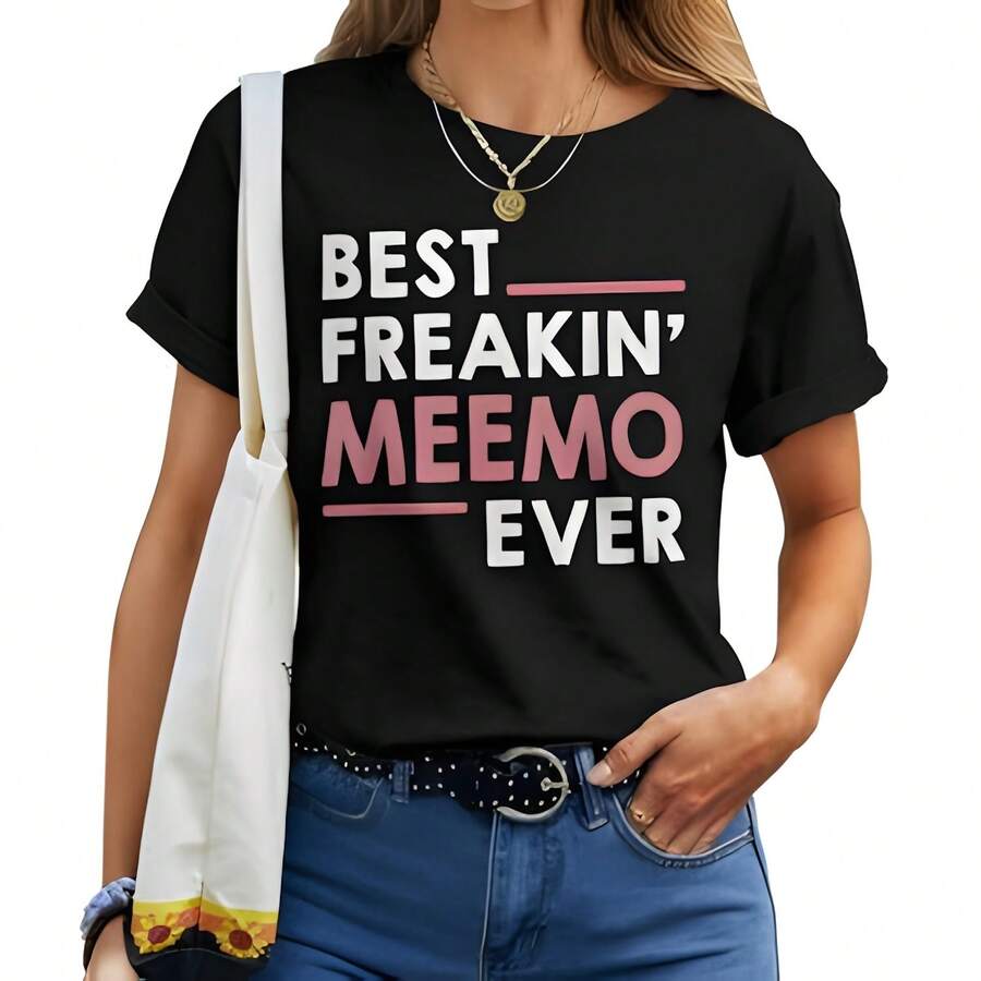 Camiseta de Meemo para abuela con el diseño "La mejor Meemo del mundo" de algodón grueso de 220g con estampado de mariposas, adecuada para niñas y mujeres, cuello redondo de manga corta, camiseta inspiradora de estilo estético Y2K, apropiada para exterior, uso familiar, trabajo o vestimenta casual diaria suelta - Negro - Ver 1