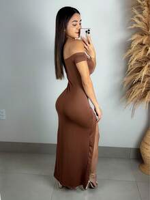 Sexy Off-The-Shoulder Long Fitted Dress With Side Slit - Rust Brown - View 2