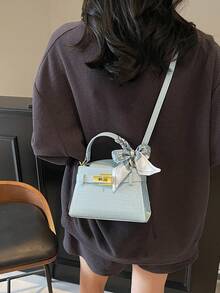 高级奢华鳄鱼纹压花女士手提包，时尚精致的金属装饰，可调节肩带斜挎包，简约风格肩带装饰单肩手提包，磁扣闭合，多功能轻便收纳斜挎包，高级丝巾装饰设计手提包，适合送礼、购物、约会、商务旅行、度假等多种场合。 - 藍色 - 查看 5