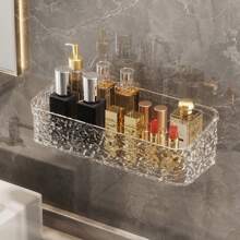 1pc Ice Texture Bathroom Square Shelf, Wall Mounted Transparent Storage Rack For Vanity, Shower Room, Kitchen, No Drilling Required Back To School
