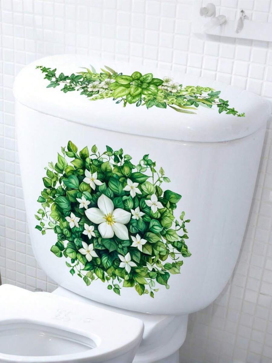 植物叶花马桶盖贴纸自粘浴室墙贴绿叶花卉马桶盖贴花DIY可移除防水马桶贴浴室水箱装饰绿色房间装饰墙面装饰个性贴纸 - 彩色 - 查看 1