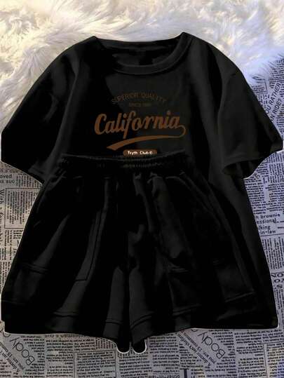加州印花女童夏季套装，自 1987 年起，短袖 T 恤和休闲短裤，配有时尚口袋，适合户外穿着