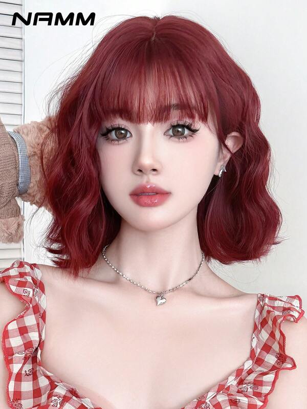 NAMM [1pc High Density Bob Wig] 1pc Women'S Short Loose Wave Bob Wig, High Density 150% Fluffy Synthetic Hair, Heat Resistant, Rose Net Cap, Red, Basic Style For Daily & Party Use 14 Inch