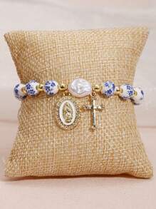 1 pièce Magnifique et délicat bracelet en céramique avec perles dorées et perles baroques artificielles, avec Vierge Marie et pendentif en acier inoxydable. Un excellent cadeau/bijou chrétien/cadeau chrétien