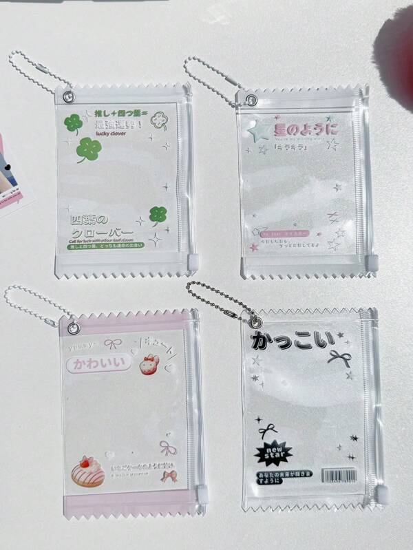 1pc Ins Style Cute Lucky Star, Four-Leaf Clover, Bowknot Transparent Japanese Text 3" Idol Mini Card Zipper Bag, Storage Pouch, Baggage Tag, Photo Display Holder,School Supplies,Back To School