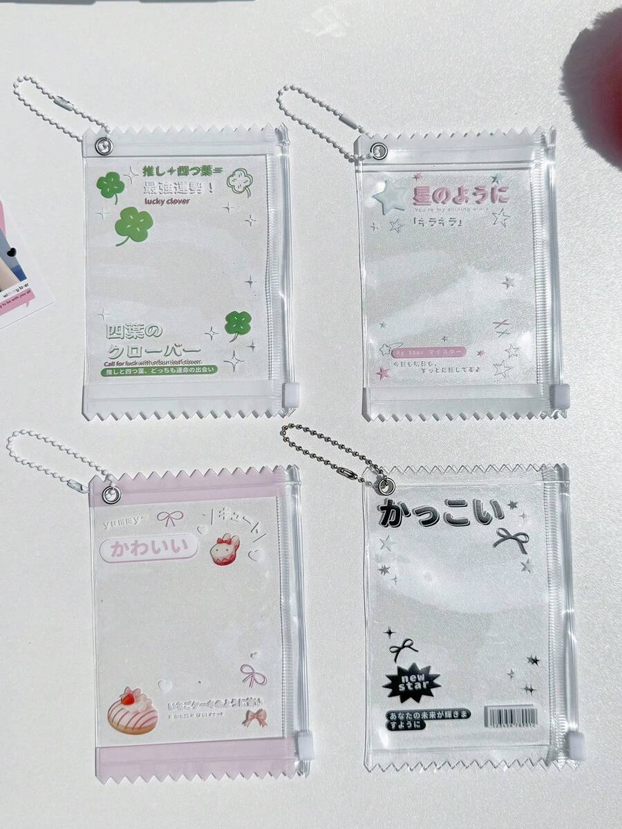 1pc Ins Style Cute Lucky Star, Four-Leaf Clover, Bowknot Transparent Japanese Text 3" Idol Mini Card Zipper Bag, Storage Pouch, Baggage Tag, Photo Display Holder,School Supplies,Back To School