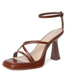 Elegant Platform High Heel Sandals For Women Summer Square Toe Chunky Heel,  Fashion Ankle Strap Brown Heels Soft Leather Comfortable Versatile High Heels, Increase Height & Leg Length, Solid Color Casual Comfortable Women Shoes For Party Wedding Date - 棕色 - 查看 11
