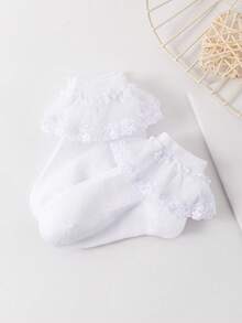 5 Or 1 Pair Girls Lace Trim Ankle Socks, Breathable Mesh Embroidered Short Socks, Fresh Floral Princess Style, Fashion , Soft & Comfortable, Versatile For Home, Outings, Dance Performances, Holidays, Back To School, Daily Wear - White - View 4