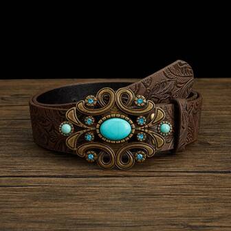 1pc Vintage American Style Turquoise PU Leather Belt For Women, Suitable For Jeans, Casual Pants, Cargo Pants For Daily Wear Summer, School Fall, Autumn, Halloween