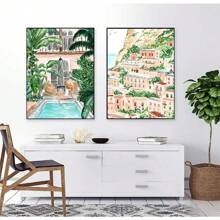 1 pièce Œuvre d'art murale d'été moderne pour fête de piscine. Impression tropicale de plante, image de voyage, fille de spa. Peinture sur canevas. Poster de décoration de salle de séjour, cadeau, décoration. canevas optionnelle avec cadre