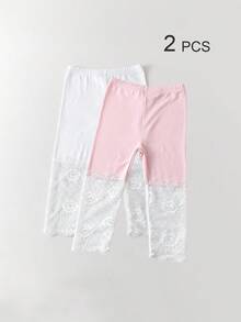 Conjunto de 4/3/2/1 Peças Leggings Capri com Renda para Meninas, Cor Sólida/Contraste, Leve, Meia-Calça Casual 3/4, Fofo & Moderno, Estilo Princesa, Adequado para Uso Diário, Meia-Calça Macia & Confortável, Adequado para Estudantes Combinarem com Tops, Saias, Temporada de Volta às Aulas - Multicolorido - Visão 80