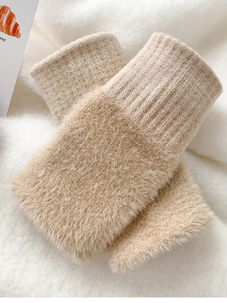 女士半指针织触屏手套（半双装），带保暖内衬，秋冬季保暖时尚臂套 - 卡其色 - 查看 1