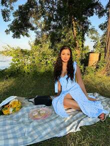 New Spring/Summer V-Neck Spaghetti Strap Tie-Up Fitted Polyester Ditsy Floral Backless Slit Maxi Dress, Vacation Style Boho Dress - Blue - View 6