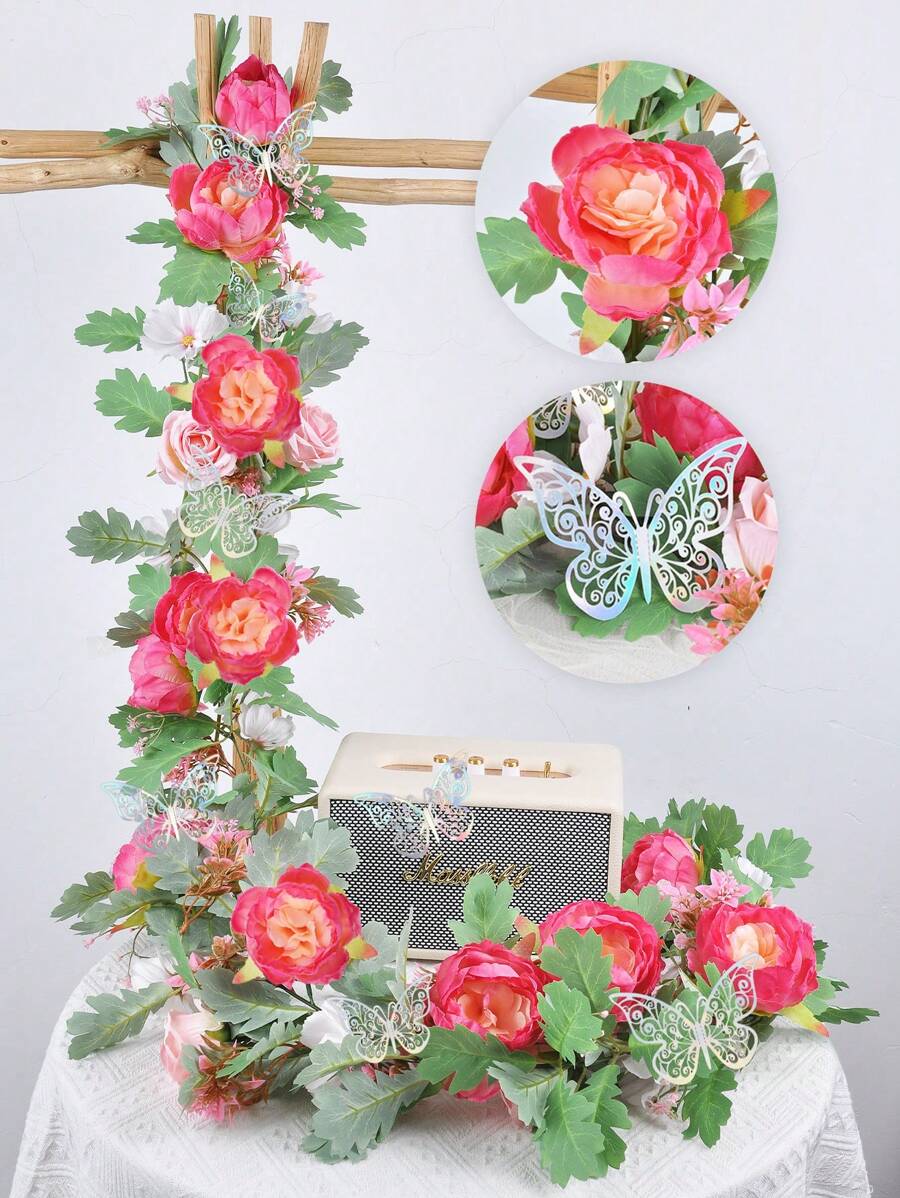 1PC/4PCS Artificial Rose Vine False Wreath Peony Rose Butterfly Hanging Vine Suitable For Wedding Party Background Arched Garden Background Decoration Pink