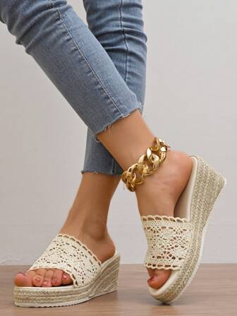 Sandalias de cuña cómodas, versátiles y elegantes para mujer, de suela gruesa y de cuerda trenzada, de estilo clásico y casual
