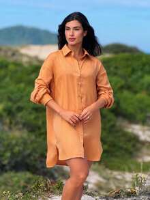 Plain Chemise Shirt Beach Cover-Up - Camel - Ver 4
