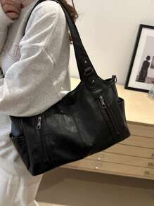 In 2025, The New Fashion Classic Joker Solid Color Large-Capacity Retro Pu Fabric Shoulder Tote Bag Is Suitable For Shopping.In 2025, The New Fashion Classic Joker Solid Color Large-Capacity Retro Pu Fabric Shoulder Tote Bag Is Suitable For Shopping., Fashionable Tote Bag With Zipper, Tote Bags For Ladies