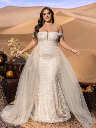 Faeriesty 高级魅力加优雅露肩串珠亮片晚礼服，配有精致的扇形珠饰和紧身胸衣，适合艺术画廊开幕式