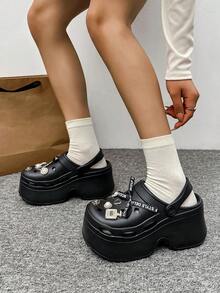 Women's Thick Sole Slip-On Clogs, Button Decor, Lightweight & Comfortable Casual Shoes - Black - View 1