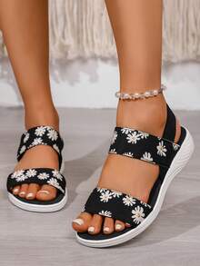 Sandálias romanas elásticas respiráveis antiderrapantes femininas, sandálias esportivas casuais - Preto e Branco - Ver 7